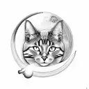 A black-grey tattoo of a celestial scene with a cat sitting on a crescent moon tattoo design idea