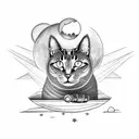 A black-grey tattoo of a celestial scene with a cat sitting on a crescent moon tattoo design idea