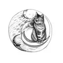 A black-grey tattoo of a celestial scene with a cat sitting on a crescent moon tattoo design idea