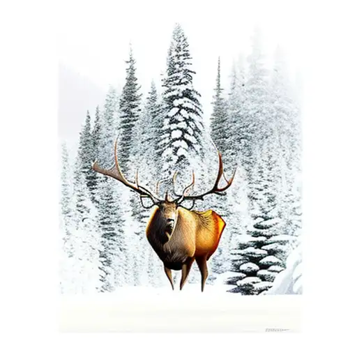 snowy Canadian Rocky Mountains with and Elk with antlers bugling  tattoo design idea