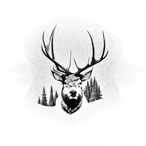 snowy Canadian Rocky Mountains with and Elk with antlers bugling  tattoo design idea