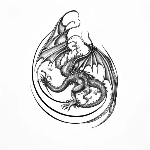 fierce purple dragon eye with reflection of dragon with wings spread and breathing fire inside the eye tattoo design idea