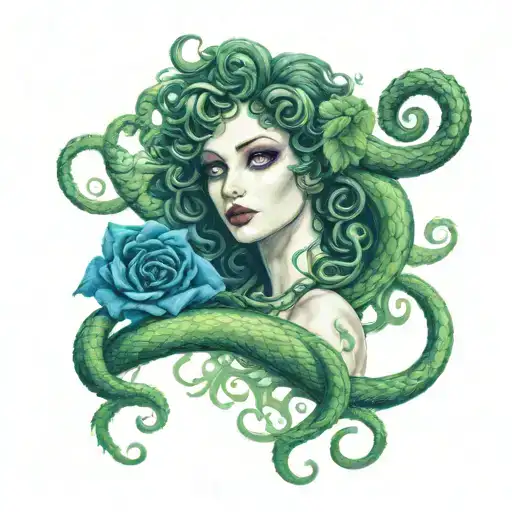 tim Burton style Medusa: the snakes should be in peacock feather color palette: include roses as hair accessory tattoo design idea