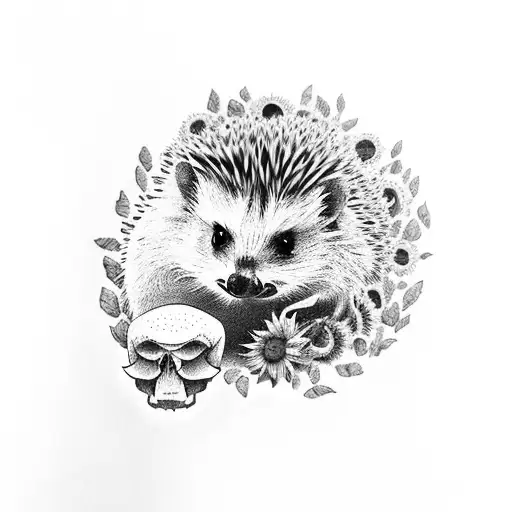 A dotwork tattoo of a hedgehog curled up next to a skull with sunflowers in the background tattoo design idea