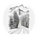 mountains with windy road down the middle, sappling trees on left side of mountain and full ground burnt trees on right  tattoo design idea