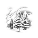 mountains with windy road down the middle, sappling trees on left side of mountain and full ground burnt trees on right  tattoo design idea