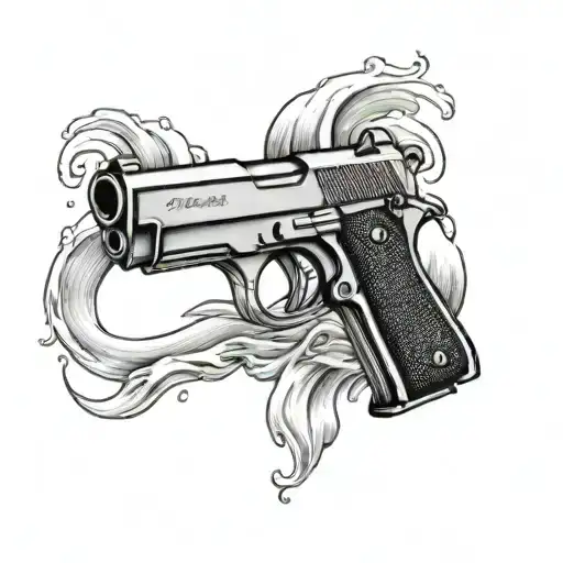 A tattoo design featuring a 9mm pistol surrounded by waves, inspired by the client's love for firearms and the ocean, in a black-grey style tattoo design idea
