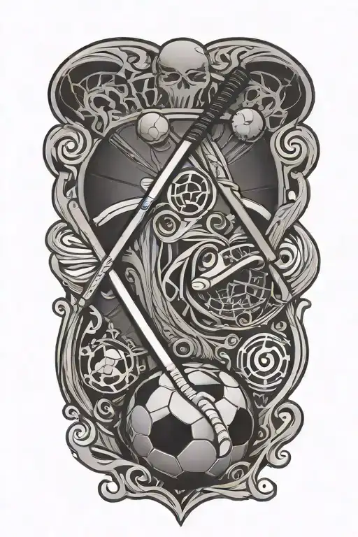 A hockey stick and soccer ball crossed over a stylized Cape Cod outline tattoo design idea