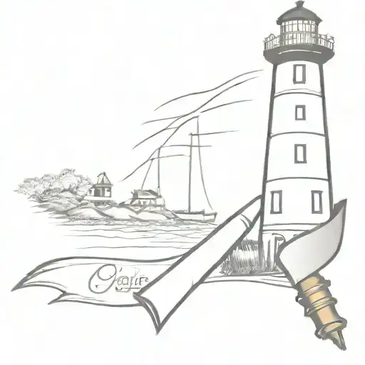 A vintage XIX-themed quill pen writing on a scroll with Cape Cod lighthouse in the background tattoo design idea