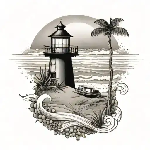 A beach scene tattoo with elements of Cape Cod landmarks and a subtle incorporation of the number 19, all done in a dotwork style tattoo design idea