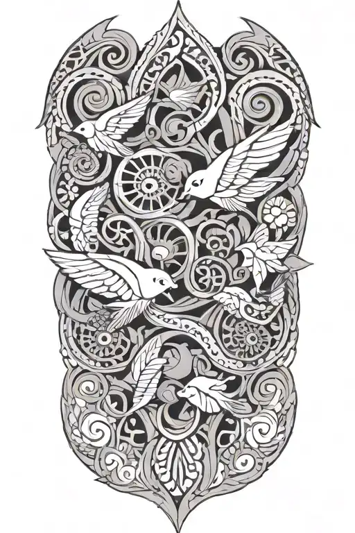 An intricate design of intertwined 9mm bullets forming a tribal pattern, with waves and seashells incorporated throughout tattoo design idea