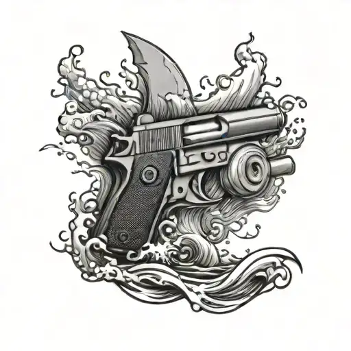 A detailed tattoo design of crashing waves and a 9mm pistol hidden within the water, representing the client's love for the ocean and firearms, in a black-grey style tattoo design idea