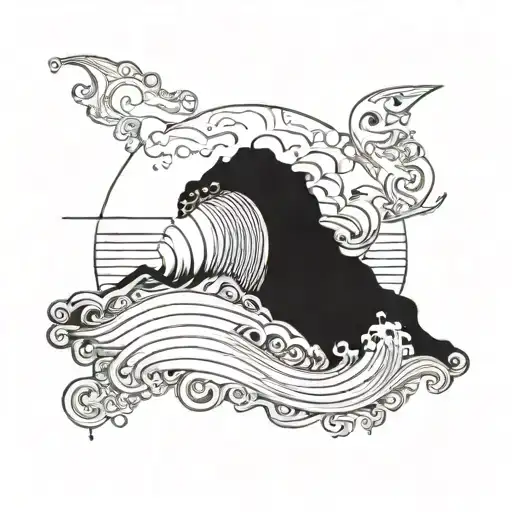 A unique tattoo design combining elements of Cape Cod, beaches, and waves in a blackwork style tattoo design idea