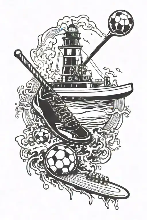 A tattoo design combining the silhouette of Cape Cod with crashing waves, incorporating elements of soccer and hockey equipment tattoo design idea