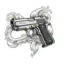 A tattoo design featuring a 9mm pistol surrounded by waves, inspired by the client's love for firearms and the ocean, in a black-grey style tattoo design idea