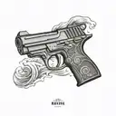 A tattoo design featuring a 9mm pistol surrounded by waves, inspired by the client's love for firearms and the ocean, in a black-grey style tattoo design idea