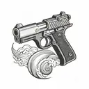 A tattoo design featuring a 9mm pistol surrounded by waves, inspired by the client's love for firearms and the ocean, in a black-grey style tattoo design idea