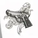 A tattoo design featuring a 9mm pistol surrounded by waves, inspired by the client's love for firearms and the ocean, in a black-grey style tattoo design idea