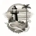 A beach scene tattoo with elements of Cape Cod landmarks and a subtle incorporation of the number 19, all done in a dotwork style tattoo design idea