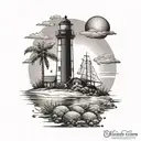 A beach scene tattoo with elements of Cape Cod landmarks and a subtle incorporation of the number 19, all done in a dotwork style tattoo design idea