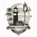 A beach scene tattoo with elements of Cape Cod landmarks and a subtle incorporation of the number 19, all done in a dotwork style tattoo design idea