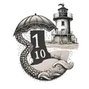A beach scene tattoo with elements of Cape Cod landmarks and a subtle incorporation of the number 19, all done in a dotwork style tattoo design idea