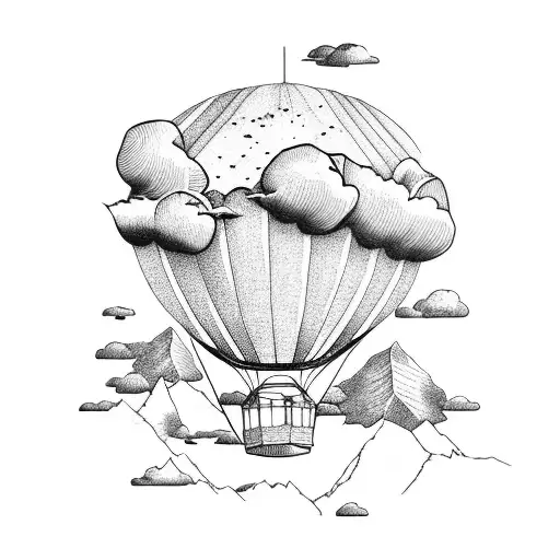 Hot air balloon floating above a mountain range tattoo design idea