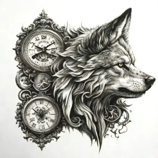 wolf clock skull tattoo design idea