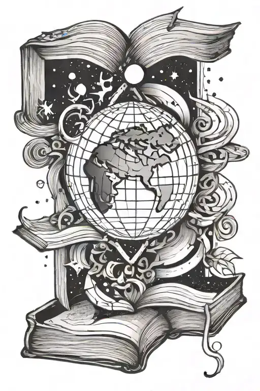 planet earth coming out of a book tattoo design idea