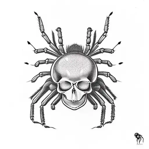 Spider dropping from web towards a human skull tattoo design idea