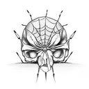 Spider dropping from web towards a human skull tattoo design idea