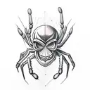 Spider dropping from web towards a human skull tattoo design idea
