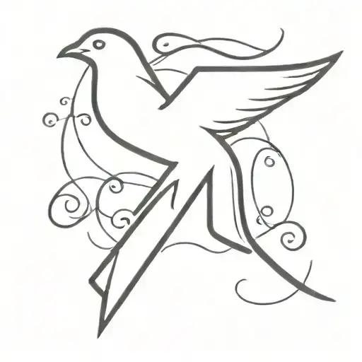 The Letter M in cursive font with a dove perched tattoo design idea
