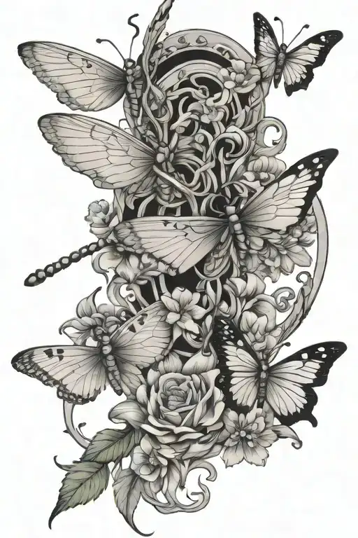 angel wings, dragon fly, butterfly, larkspur flowers intertwined tattoo design idea