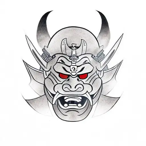 Samurai in a oni mask infront of a japanese shrine tattoo design idea