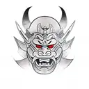 Samurai in a oni mask infront of a japanese shrine tattoo design idea
