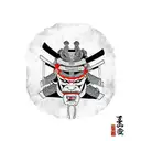 Samurai in a oni mask infront of a japanese shrine tattoo design idea