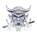 Samurai in a oni mask infront of a japanese shrine tattoo design idea