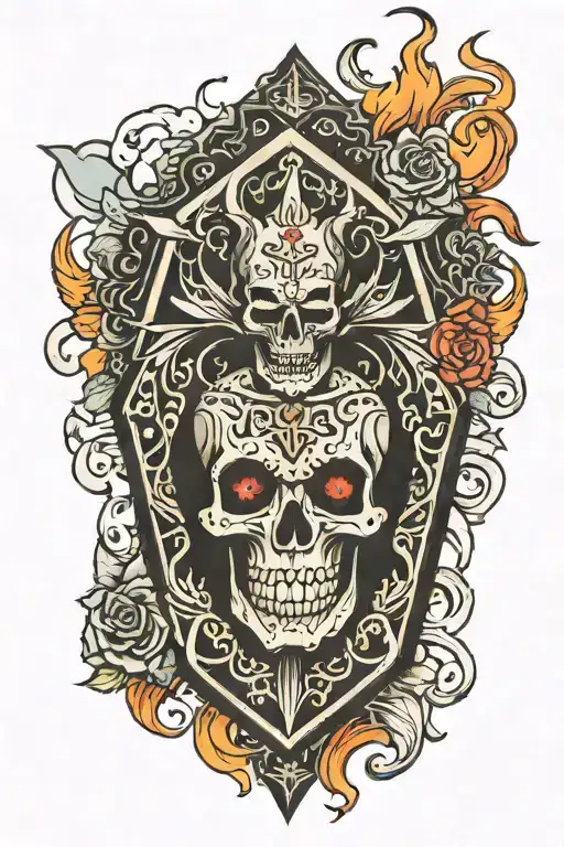 black coffin with amigo the devil logo on it surrounded by flamed tattoo design idea