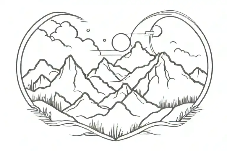 single line Mountain range that says “eyes up” in the middle and a sunset in the background tattoo design idea