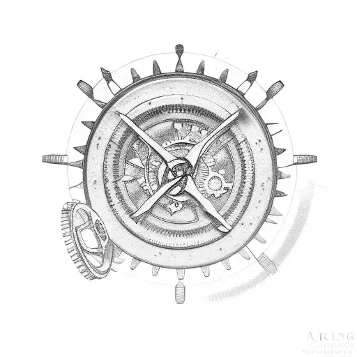 A cocktail glass with gears and mechanical parts inside tattoo design idea