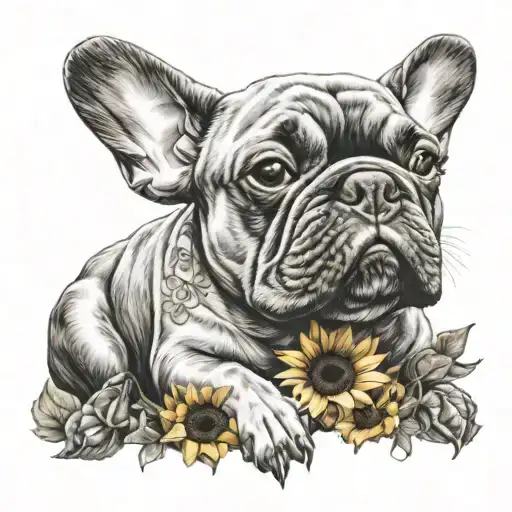 french bulldog sitting sunflowers wrapped loosely tattoo design idea
