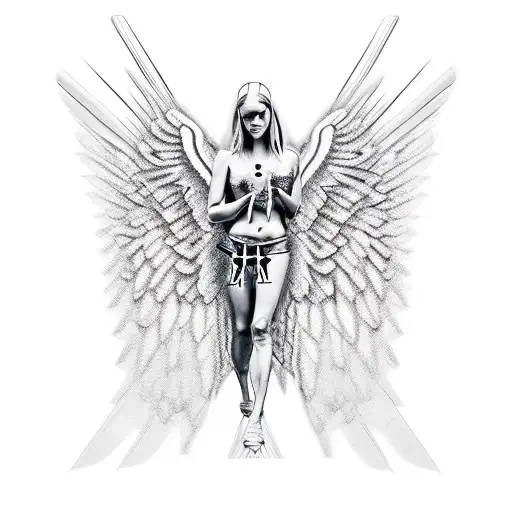 cross with angel wings coming out of it with barbed wire wrapped around the cross and money stuffed in between the wings tattoo design idea