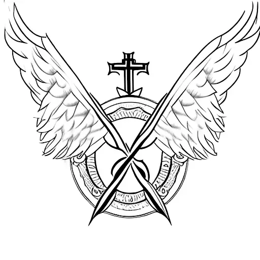 cross with angel wings coming out of it with barbed wire wrapped around the cross and money stuffed in between the wings tattoo design idea