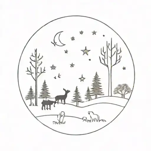 A minimalist design of a whimsical forest scene with animals frolicking under the moon and stars tattoo design idea
