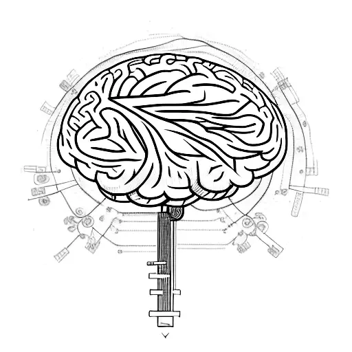 A stylized brain with intricate circuitry and musical notes flowing out of it tattoo design idea