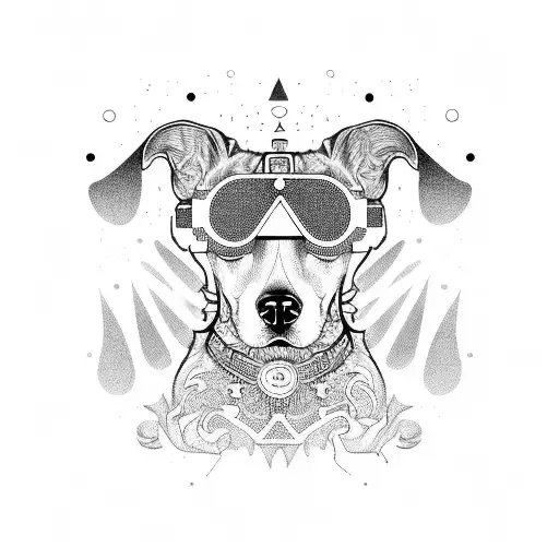 A psychedelic dog wearing rave goggles and surrounded by smoke tattoo design idea