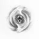 A smoke-filled spiral galaxy with a silhouette of a dog howling at the moon tattoo design idea