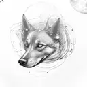 A smoke-filled spiral galaxy with a silhouette of a dog howling at the moon tattoo design idea