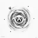 A smoke-filled spiral galaxy with a silhouette of a dog howling at the moon tattoo design idea